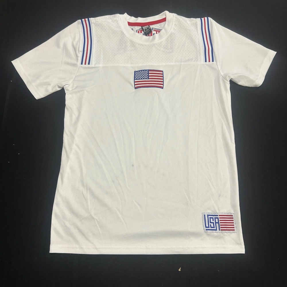 USA Soccer Jersey Mens Small White Red Blue Mesh Yoke Embroidered Flag Tee